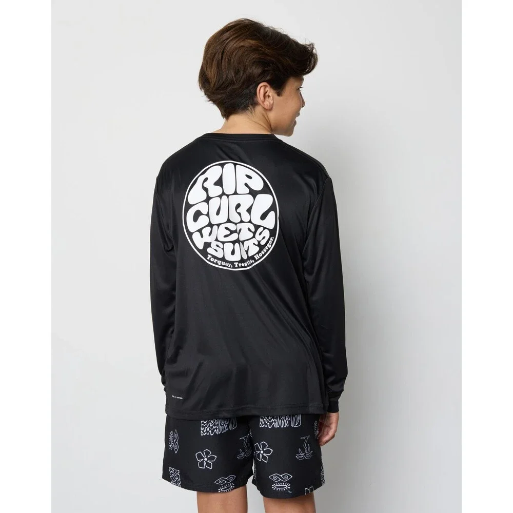 Rip Curl Icons Rash Vest Boy 16 Black Surflite Swimwear Crewneck Pullover JDM621